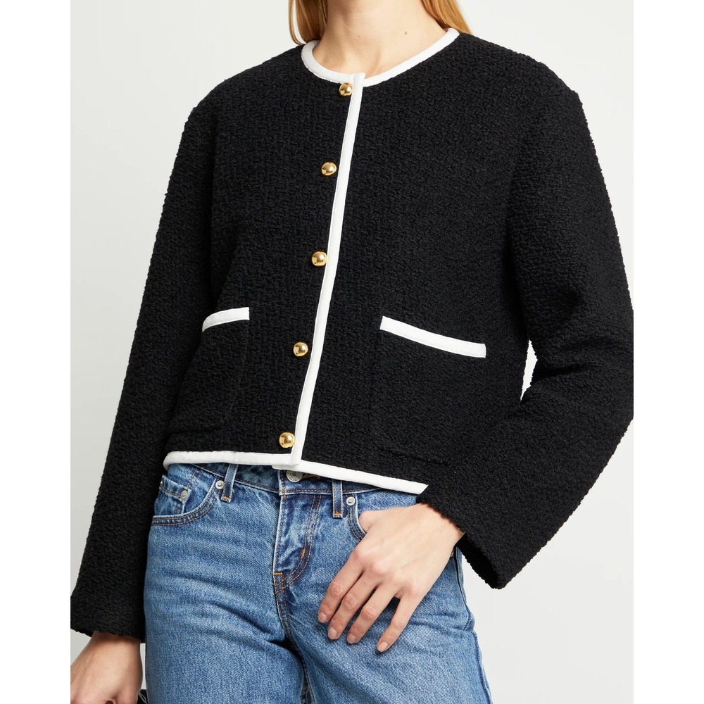 Caara Women's Wool‎ Blend Bouclé Contrast Trim Sweater Jacket Black Small